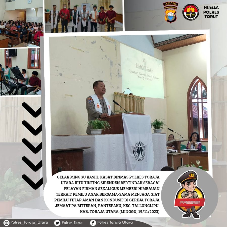 Sampaikan Pesan Pemilu Damai, Kasat Binmas Polres Toraja Utara Gelar Minggu Kasih di Gereja Toraja Jemaat Pa’biteran Tallunglipu