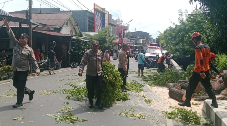 Personil Polsek Ujung Evakuasi Pohon Tumbang Akibat Angin Kencang