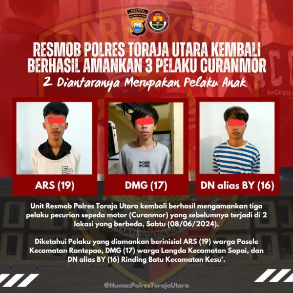 Resmob Polres Toraja Utara Kembali Berhasil Amankan 3 Pelaku Curanmor, 2 Diantaranya Merupakan Pelaku Anak