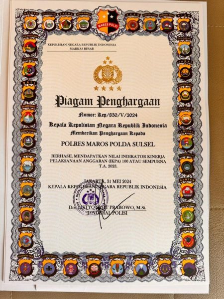 Polres Maros Raih Penghargaan Sempurna dari Kapolri atas Pengelolaan Kinerja Anggaran
