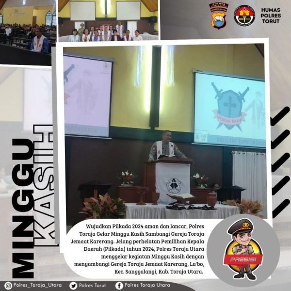 Ingatkan Persatuan dan Kesatuan Jelang Pemilukada 2024, Kasat Samapta Polres Toraja Utara Gelar Minggu Kasih di Gereja Toraja Jemaat Karerang