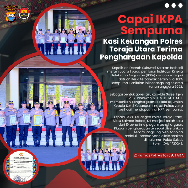 Capai IKPA Sempurna, Kasi Keuangan Polres Toraja Utara Terima Penghargaan Kapolda